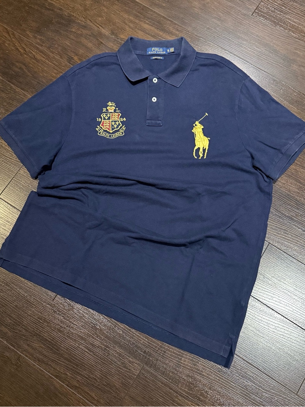 POLO Ralph Lauren Big Pony Crest Polo Shirt Men Size L Navy Blue Custom Slim Fit